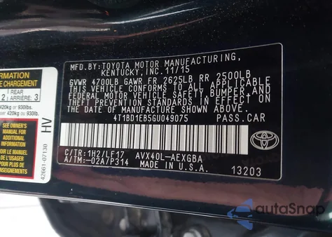 2016 Toyota Avalon Hybrid Xle z USA, uszkodzony, nr VIN 4T1BD1EB5GU049075